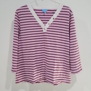 Draper James Pink and Purple Striped V-Neck Top / Size Large